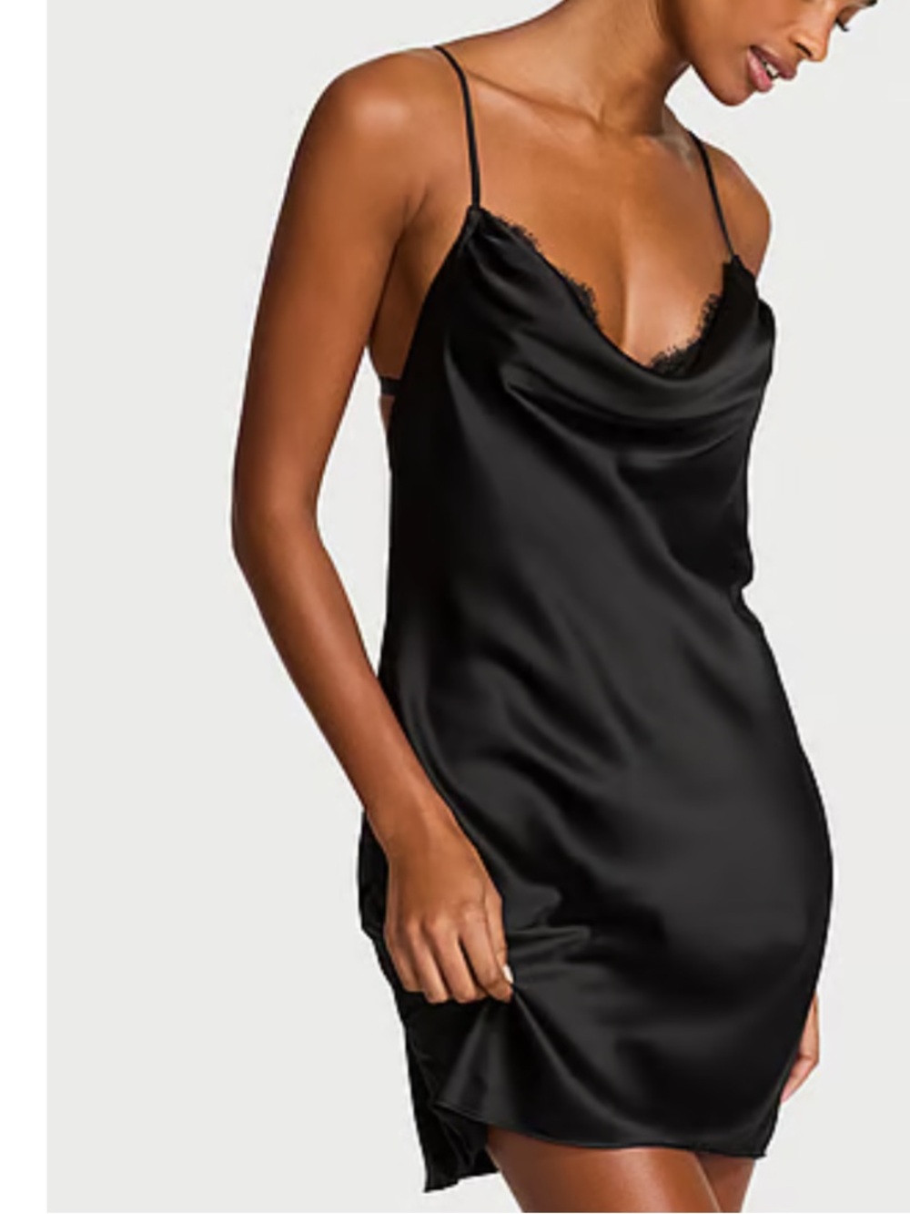Victoria's Secret Black Satin Lace-Trim Chemise